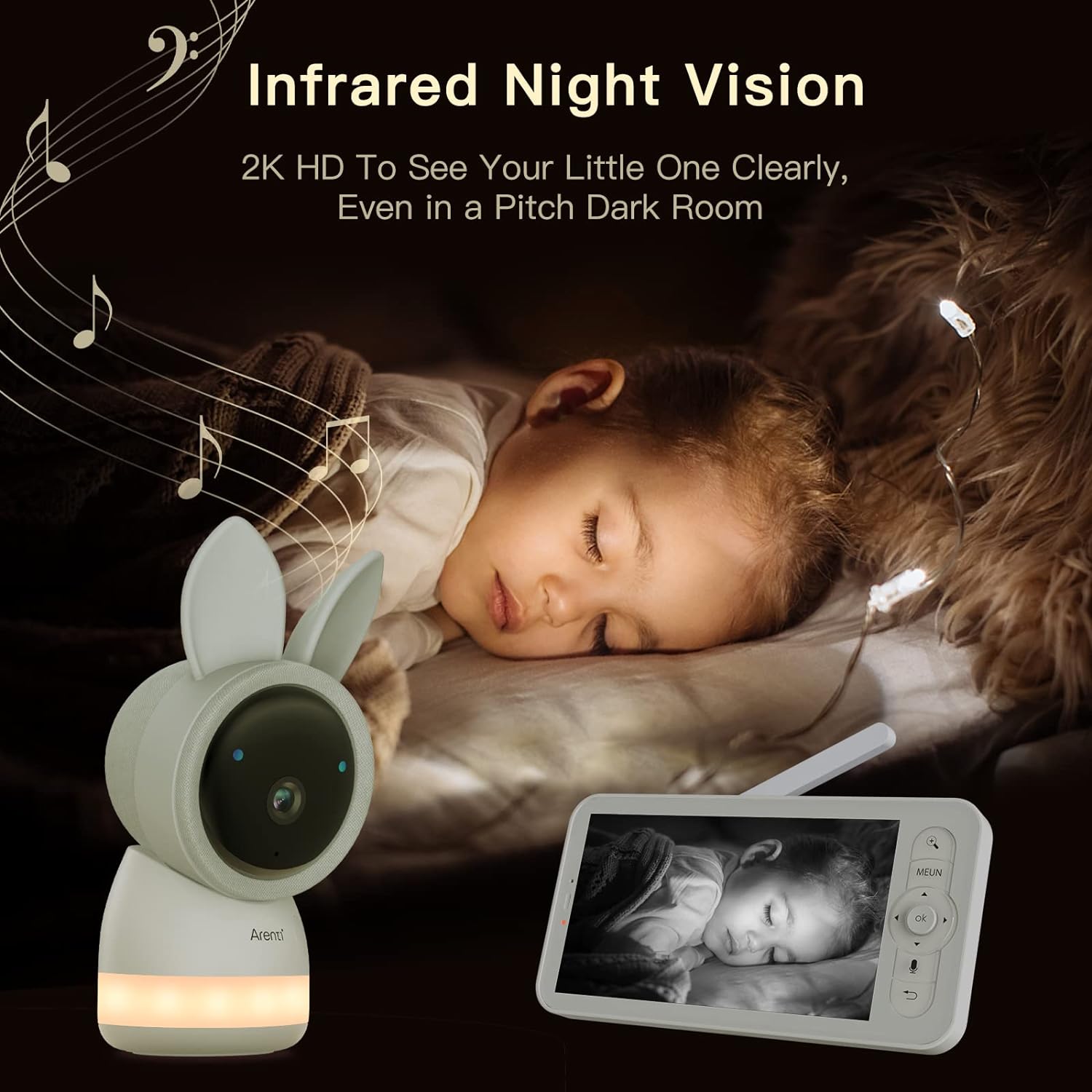 ARENTI Video Baby Monitor, Audio Monitor with 2K Ultra HD WiFi Camera,5 Color Display,Night Vision,Lullabies,Cry Detection,Motion Detection,Temp  Humidity Sensor,Two Way Talk,App Control