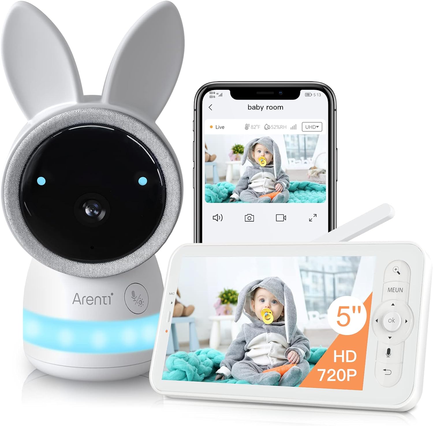 ARENTI Video Baby Monitor, Audio Monitor with 2K Ultra HD WiFi Camera,5 Color Display,Night Vision,Lullabies,Cry Detection,Motion Detection,Temp  Humidity Sensor,Two Way Talk,App Control