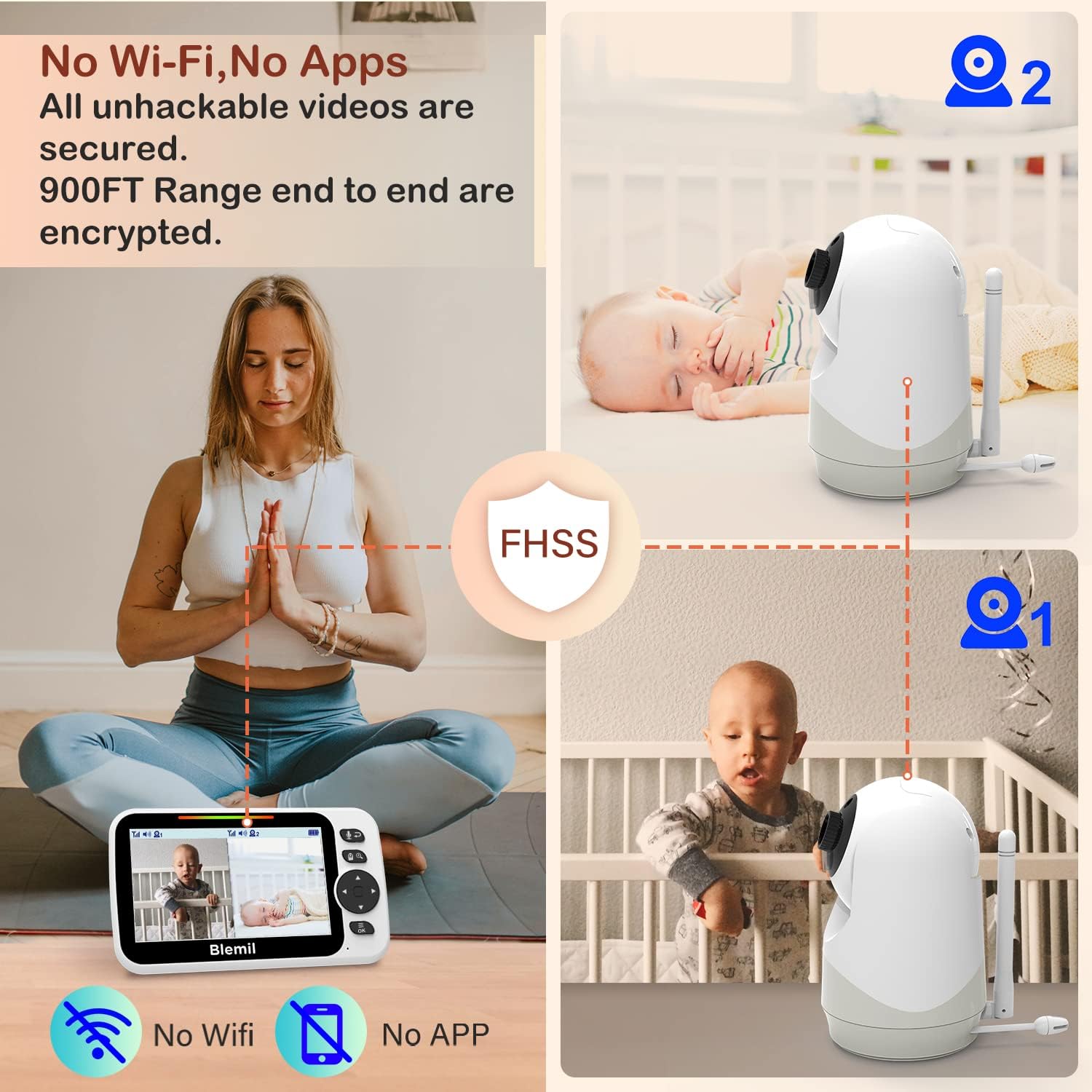 Baby Monitor,5 Large Split-Screen Video Baby Monitor with 2 Cameras and Audio, Remote Pan/Tilt/Zoom, Two-Way Talk, Room Temperature Monitor, Auto Night Vision, Power Saving/Vox